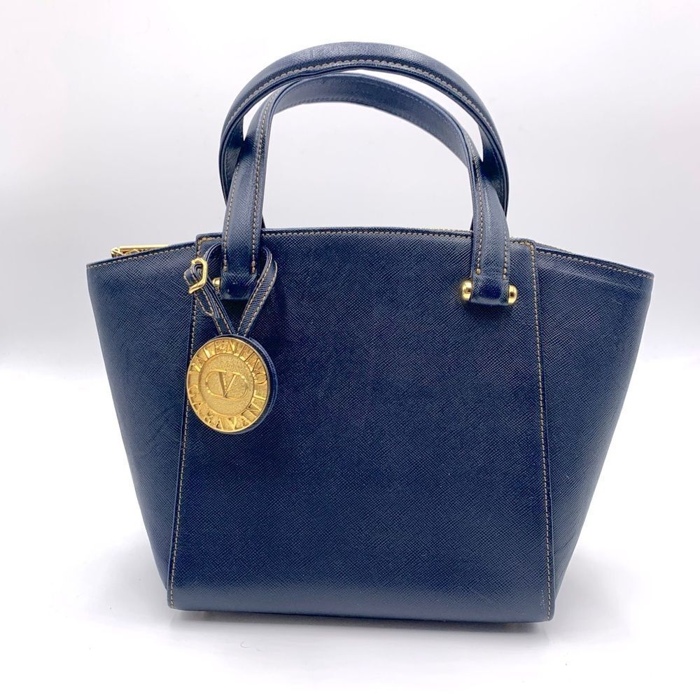 Valentino Garavani Sml Vtg Navy Leather Trapeze Tote Bag Preloved Handbag Small
